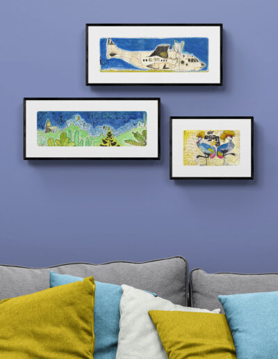 art prints in black frames in living room purple wall grey couch archival limited edition singed ink and watercolour wall art