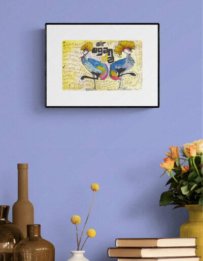 art print crested cranes black frame living room purple wall archival limited edition singed ink and watercolour wall art
