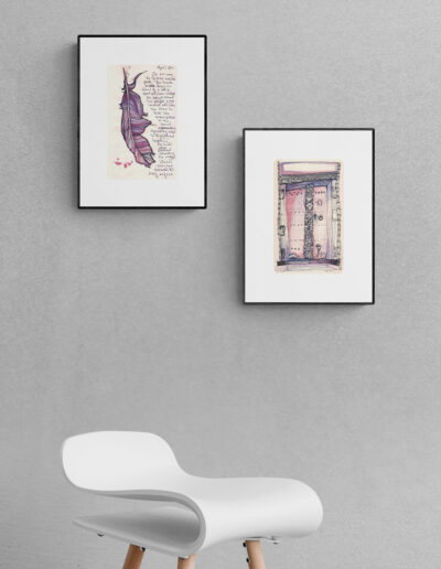 art prints black frames white stool modern hallway cement wall archival limited edition singed ink and watercolour wall art