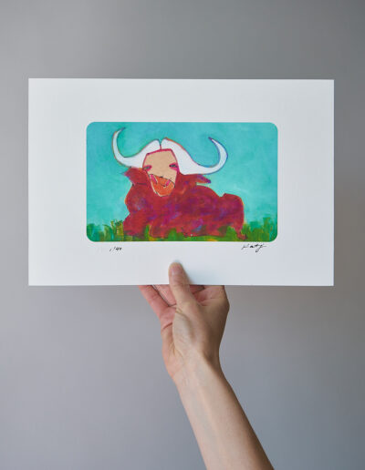 art print african buffalo in grass blue sky archival signed limited edition ink and watercolour wall art with embossed logo
