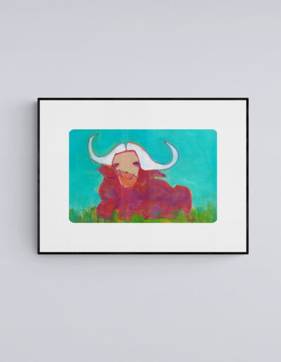 art prints african buffalo pink in grass blue sky black frame grey wall archival limited edition ink and watercolor wall art