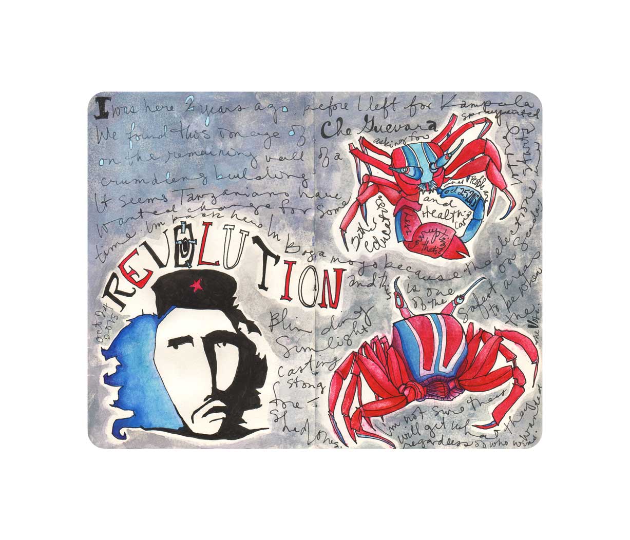 art print Che Guevara and red and blue striped crabs archival signed and numbered limited edition of 40 watercolour wall art