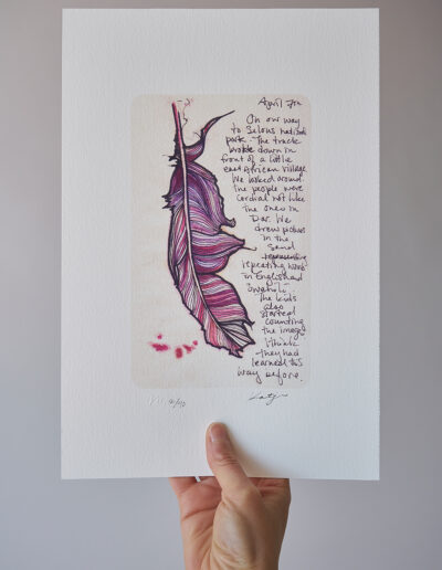 art print feather purple with text and beige background archival signed limited edition 1 of 40 ink and watercolour wall art