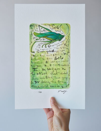 art print grasshopper green and ornate with text archival signed limited edition ink and watercolour wall art embossed logo