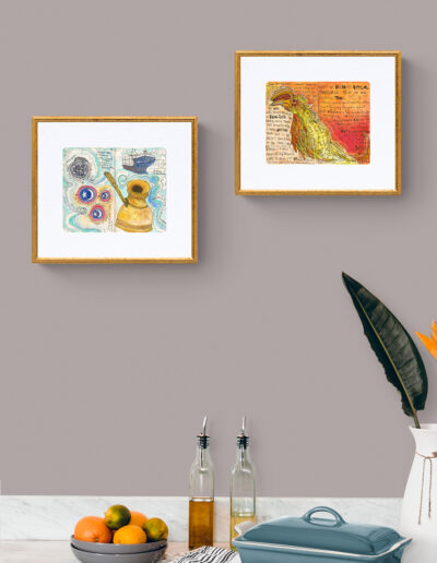 art prints in gold frames on grey kitchen wall signed archival limited edition ink and watercolor wall art