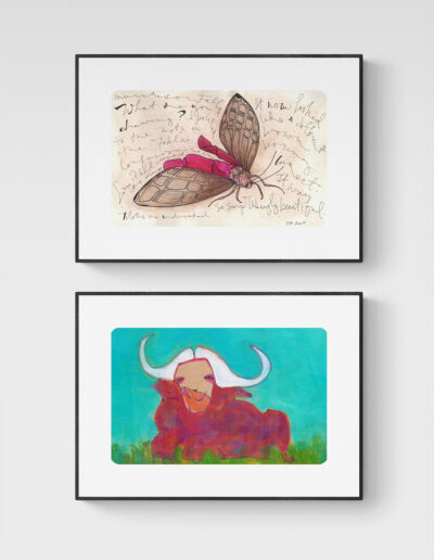 art prints african animals moth and buffalo black frames grey wall archival limited edition of 40 ink and watercolor wall art