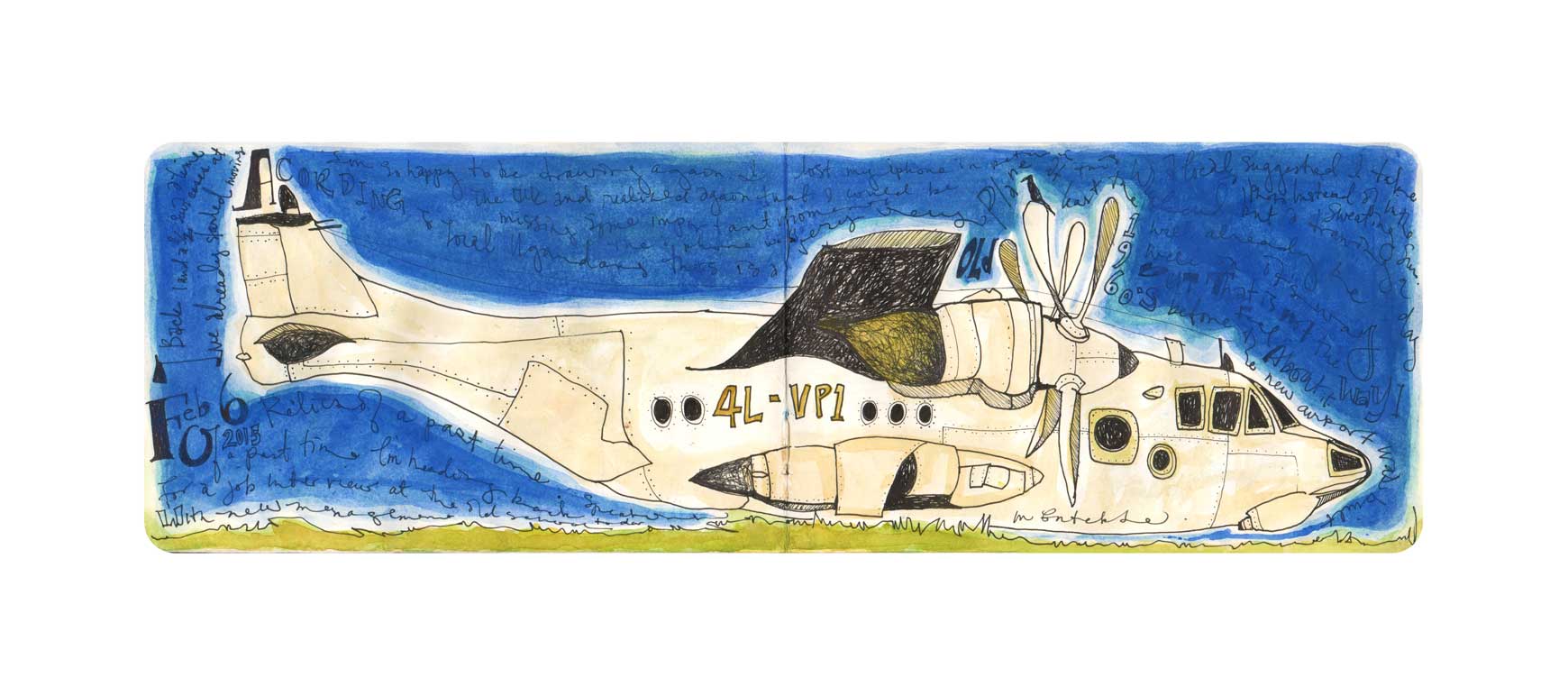 art print old airplane on grass with blue sky archival limited edition of 40 ink and watercolor wall art with embossed logo