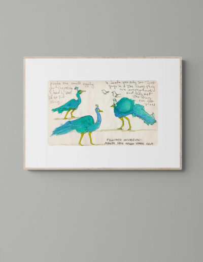 art print peacocks with light beige background wood frame grey wall archival limited edition ink and watercolor wall art