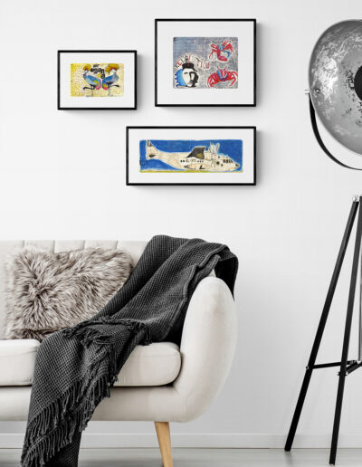 art prints black frames modern living room white wall african animals Che Guevara and airplane archival watercolour wall art