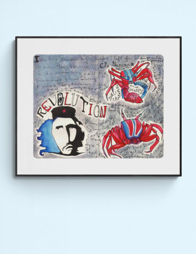 art print Che Guevara and red and blue crabs in black frame on blue wall limited edition signed archival watercolor wall art