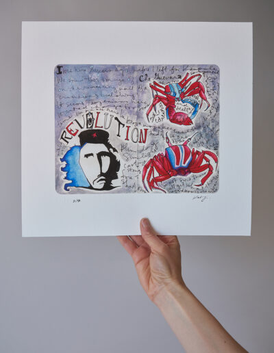 art print Che Guevara and red and blue striped crabs archival signed and numbered limited edition of 40 watercolour wall art