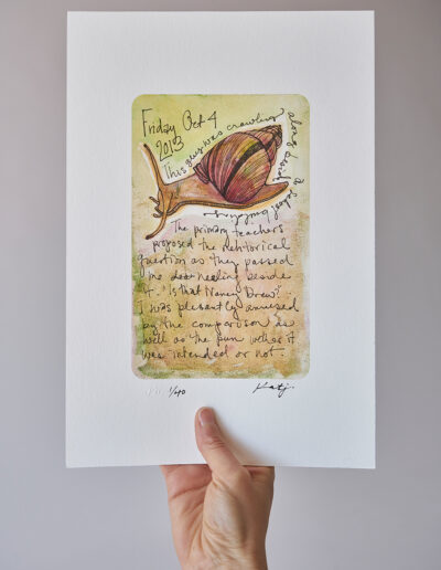 art print snail with pretty shell green and purple archival signed limited edition ink and watercolour wall art embossed logo