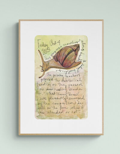 art print snail with pretty shell green and purple wood frame mint green wall archival limited edition watercolor wall art
