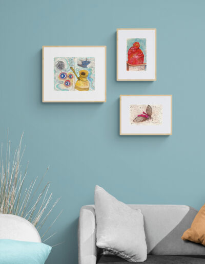art prints in wood frames in modern living room on blue wall archival limited edition signed ink and watercolour wall art