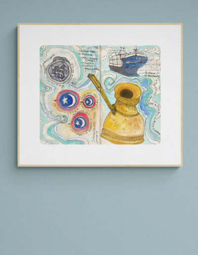 art print in wood frame on blue wall with waves crescent moon star traditional coffee pot freighter in stone town zanzibar