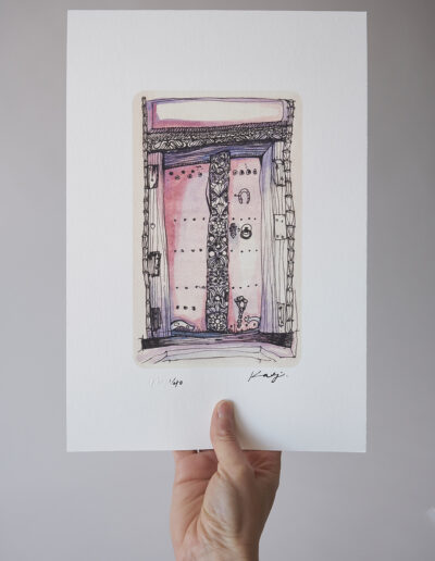 art print zanzibar door pink and purple ornate archival signed limited edition ink and watercolour wall art embossed logo