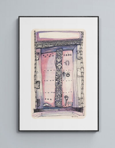 art print zanzibar door pink and purple beige background black frame grey wall archival limited edition watercolor wall art