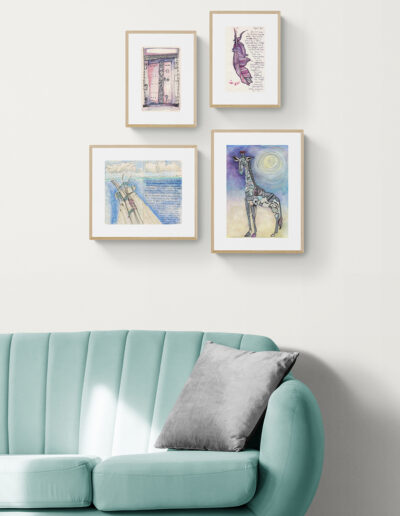 art prints wood frames bright living room green couch beige wall archival limited edition singed ink and watercolour wall art