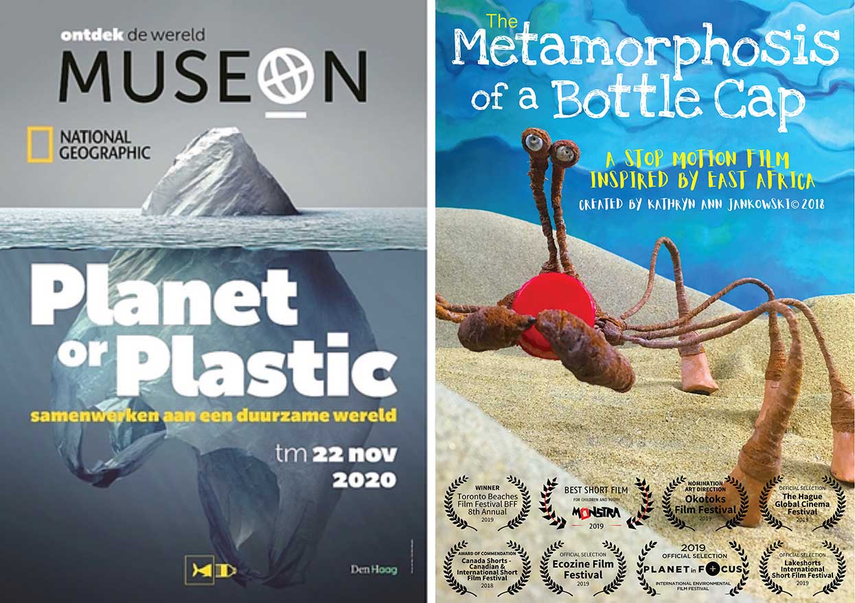 Kathryn Ann Jankowski's exhibit with National Geographic. A poster for the Planet or Plastic exhibition and a poster for The Metamorphosis of a Bottle Cap film screening during the exhibition