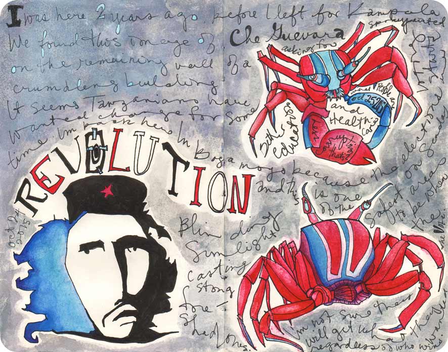 Ink and watercolour illustration of Che Guevara painted and red and blue crabs on South Beach, Tanzania. The word Revolution and other text fill the background.