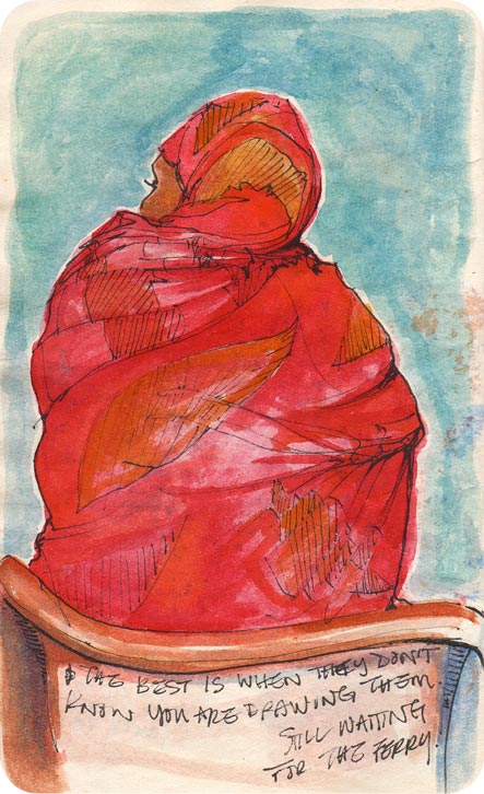 African woman seated wearing red. Ink and watercolour illustration.