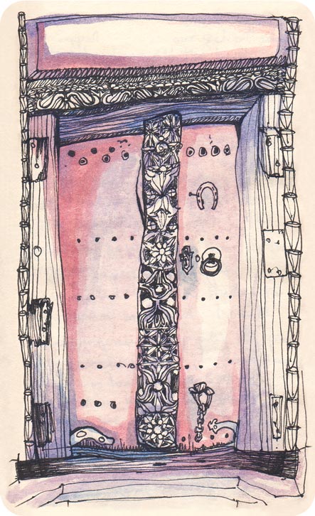 Door illustration, Ink and watercolour, pink and purple ornate Zanzibar door, Stone Town.