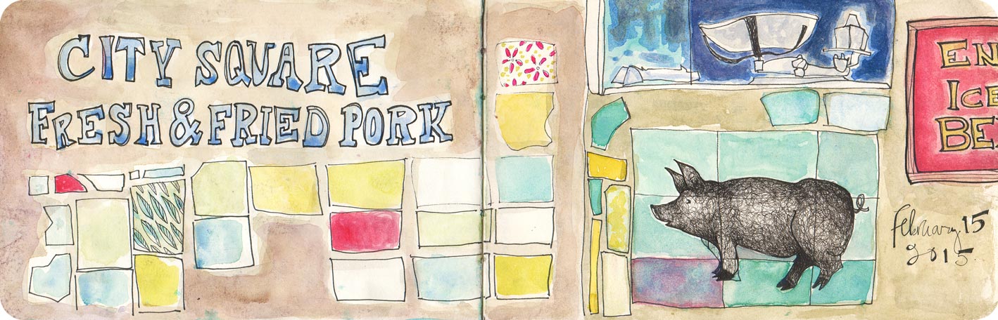 Ink and watercolour illustration of a local Ugandan butcher shop & food stall selling fresh and fried pork. The walls have colourful pink, yellow and turquoise tiles, a pig and a weigh scale in the window.