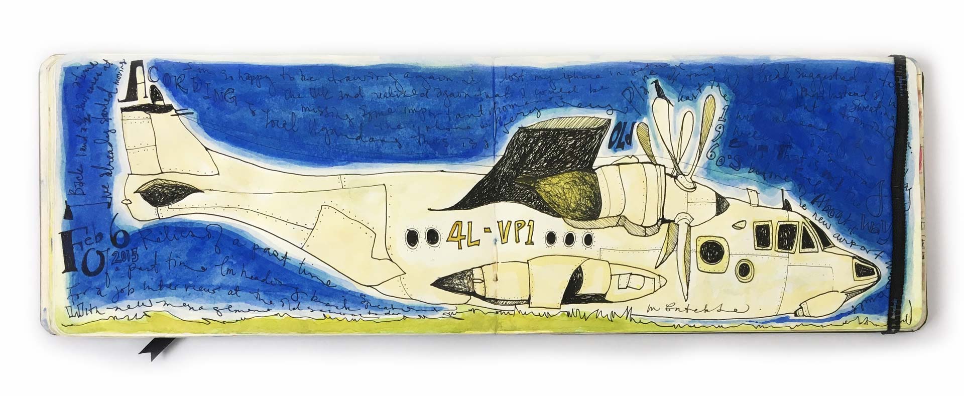 A very old plane illustrated with ink and watercolour, sketchbook.