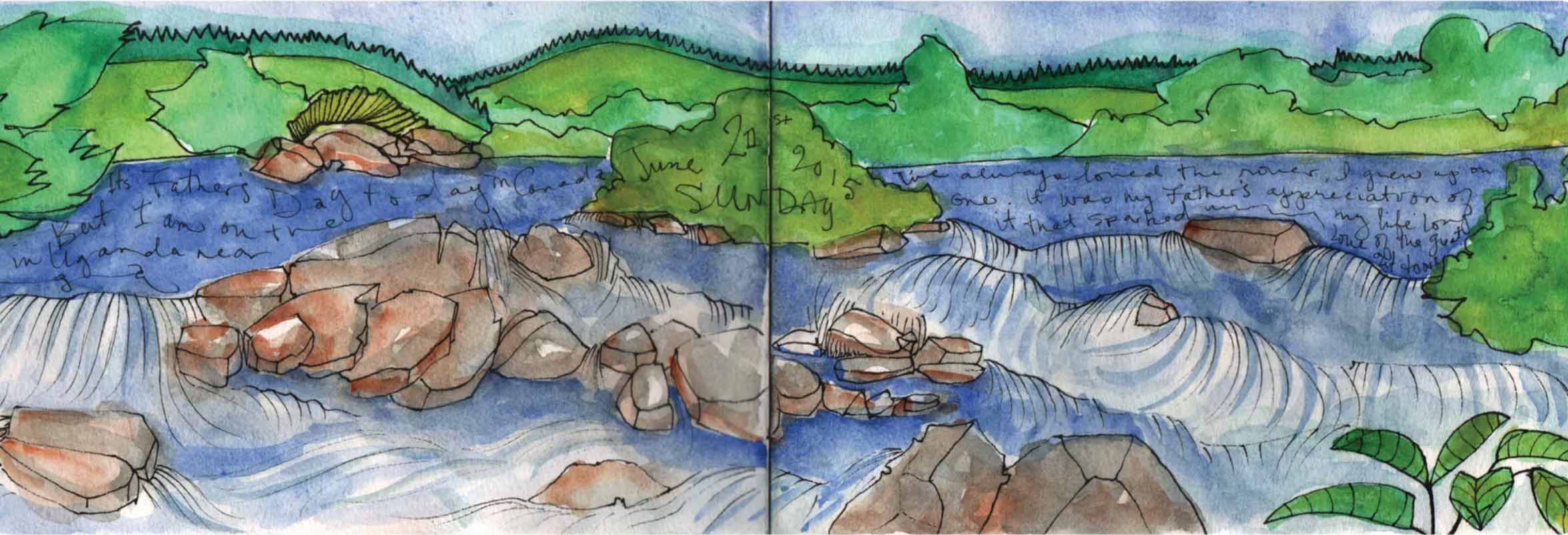 An ink and watercolour illustration of the Nile river in Uganda by Kathryn Ann Jankowski