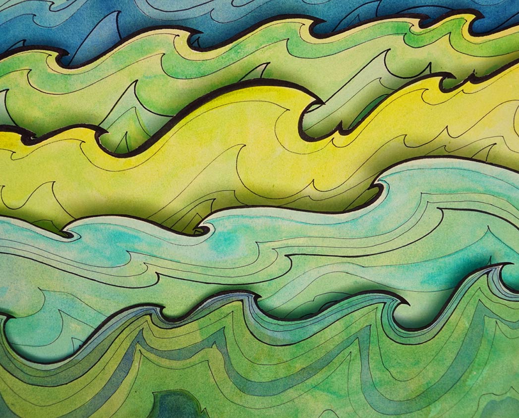 Different colours of waves drawn in ink and painted in watercolour on paper